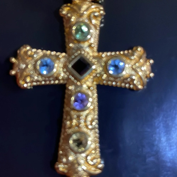 Multi gemstone gold over sterling silver cross pendant - Picture 2 of 6
